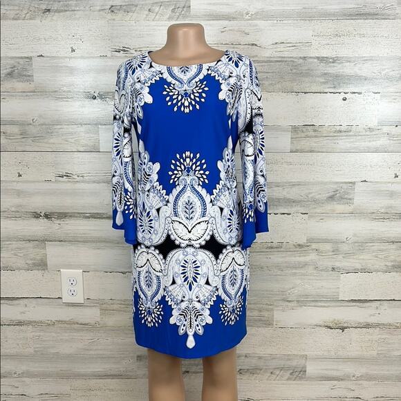 Sandra Darren Blue,Black & White 3/4 Sleeve Floral Dress Women’s Size 6 Small - Picture 1 of 8